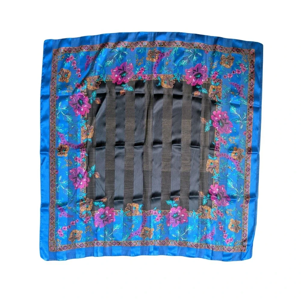 Vtg 80s Italian Accentric Chic Etro Inspired Aqua Blue Floral Satin Square Scarf